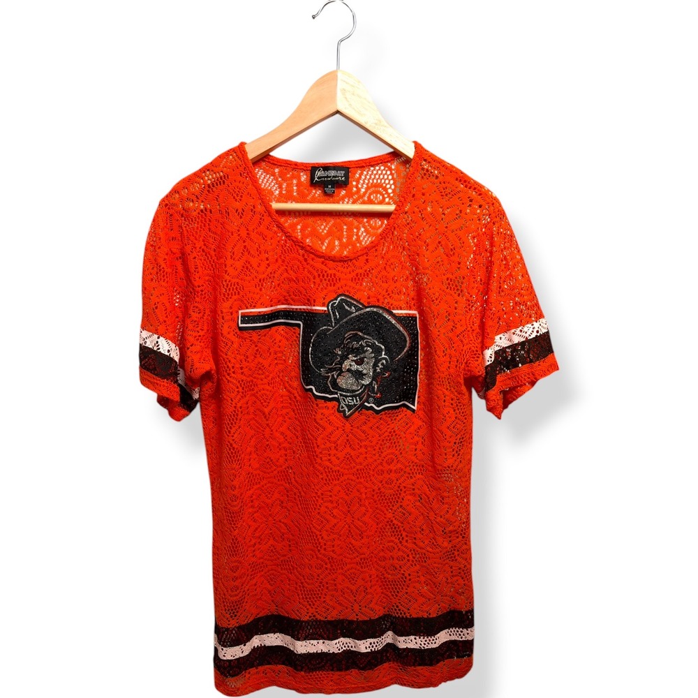 Gameday Couture Oklahoma State Cowboys Lace Top Orange Pistol Pete Sequin Medium
